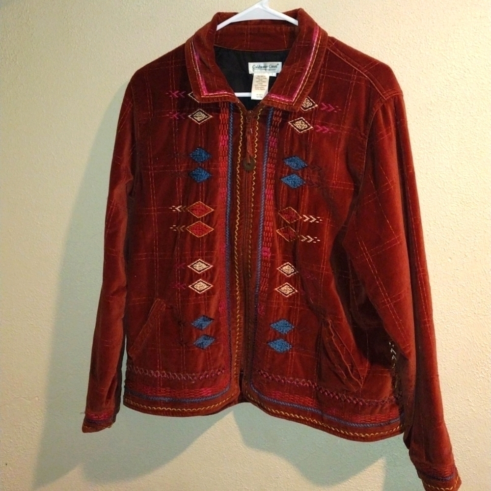 Coldwater creek burnt orange rust velvety velour boho embroidered zip jacket L